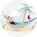 Een ontspannen man in een hangmat onder een palmboom met een rode speelgoedhaan, omgeven door strand, zon en wolken.