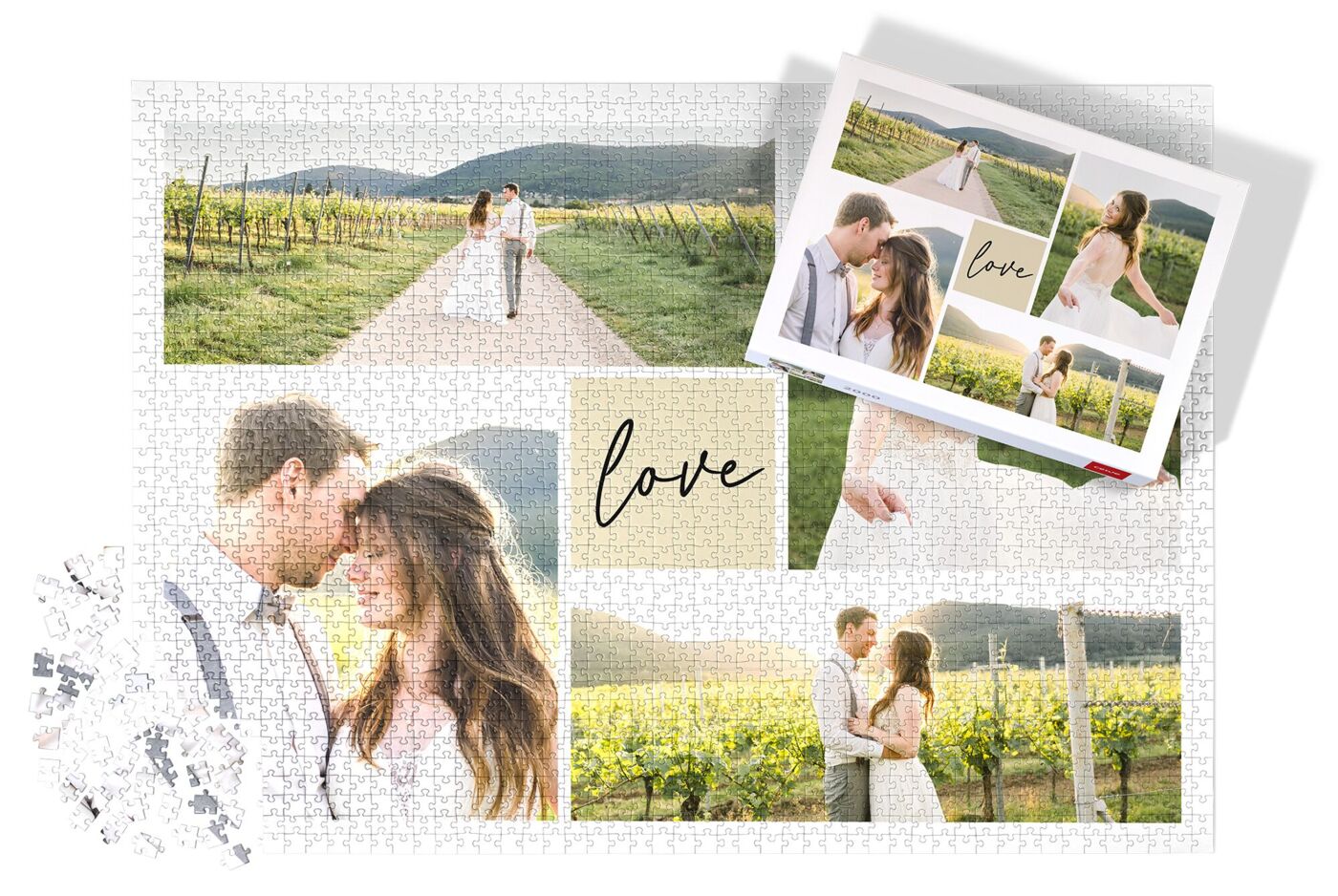 Fotopuzzel met collage van trouwfoto’s in een wijngaard en de tekst “love”, naast het voorbeeldfotootje.