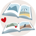 Illustratie van open fotoboek met kleurrijke beelden en harten.