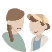 Illustratie van twee personen, een vrouw met vlecht en een kind met muts die vriendelijk lachen.