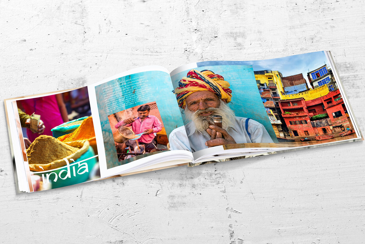 Kleurrijk fotoboek over India met kruiden en mensen.